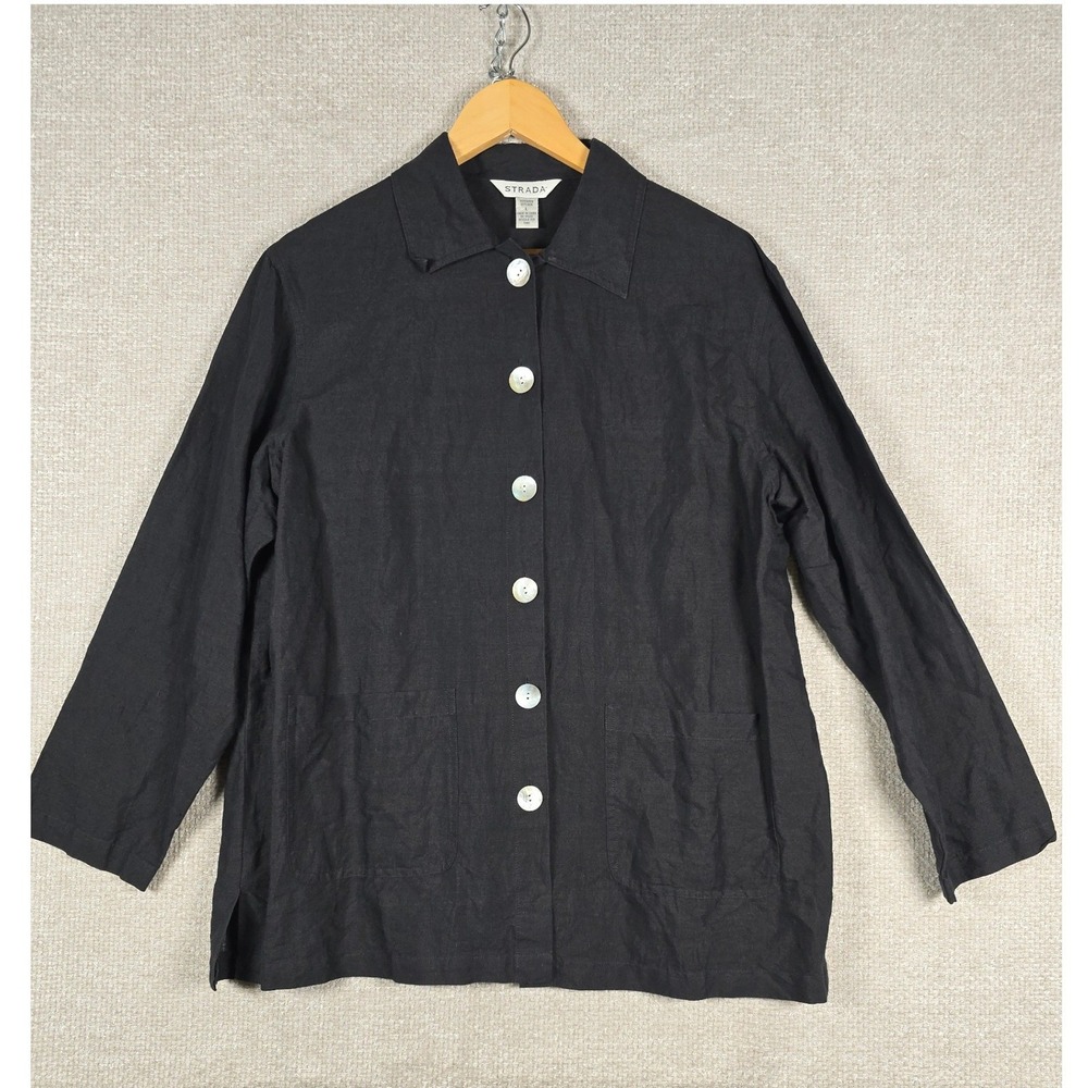 Strada Linen Silk Shirt Jacket Womens Large Black‎ Button Up Mother of Pearl L